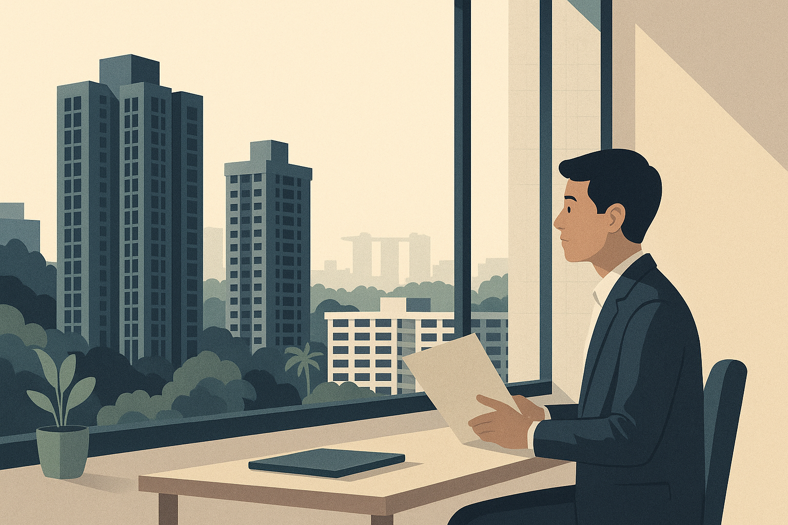 Young aspiring property agent at a minimalist desk by a window, looking over a calm Singapore skyline with HDB blocks, condominium towers, greenery, and a faint Marina Bay silhouette.