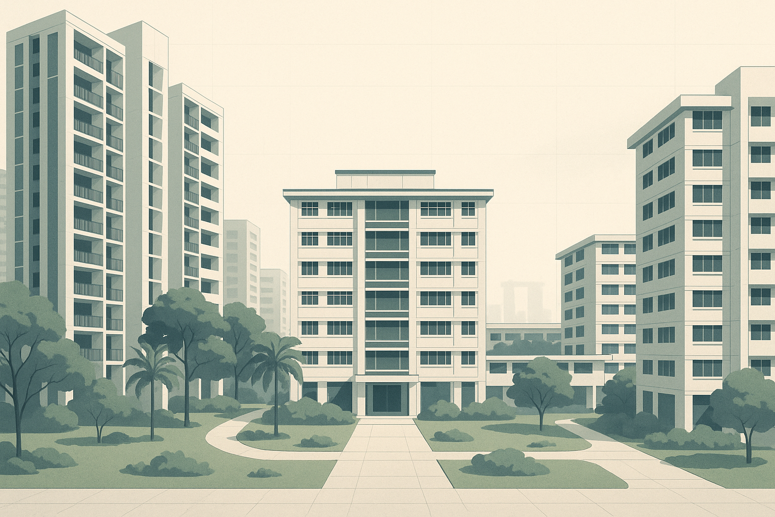 Editorial illustration of Singapore condominium towers and HDB blocks around a landscaped courtyard, rendered in calm navy and slate tones with subtle structured linework and tropical greenery.