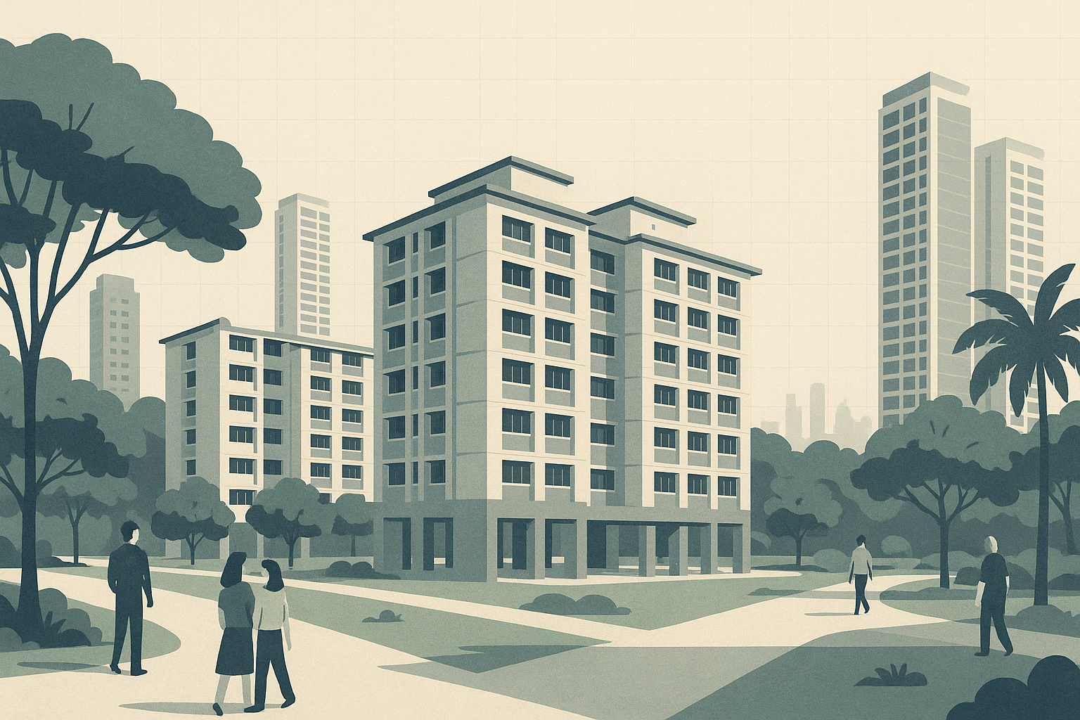 Editorial illustration of a Singapore residential estate with HDB blocks, a few condominium towers, tropical greenery, and subtle family and singles figures moving through a calm shared neighbourhood.