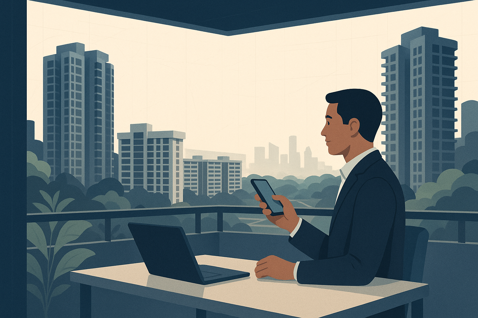 A Singapore property agent seated by a window with a phone and laptop, overlooking a calm residential skyline of condominium towers, HDB blocks, and tropical greenery.