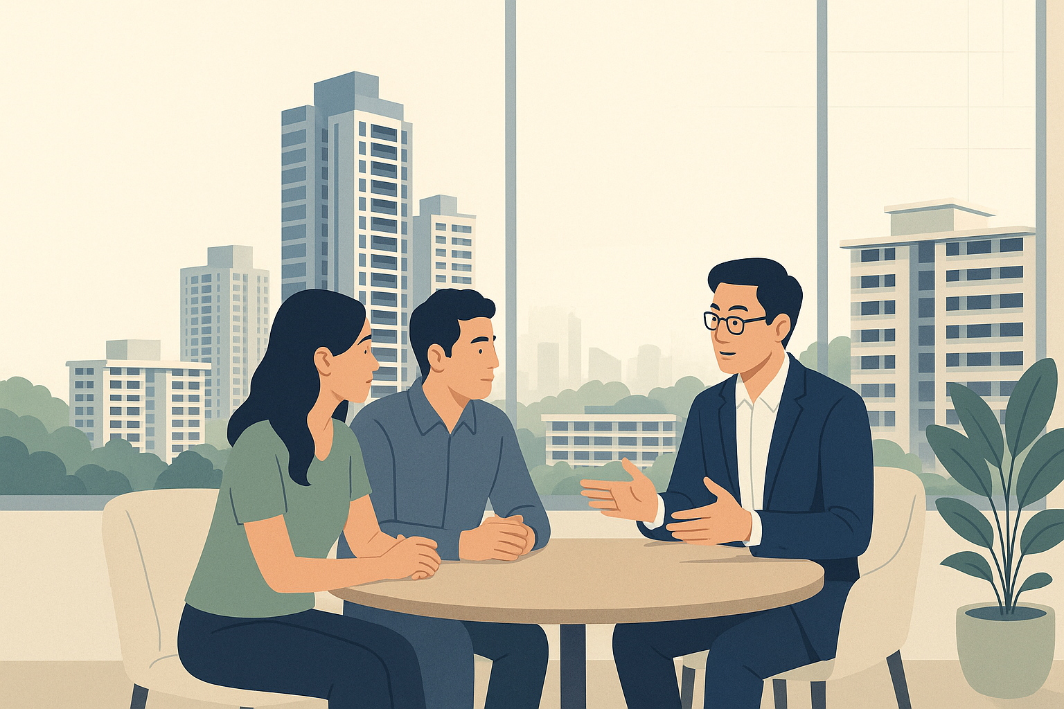 A Singapore property agent calmly discussing a deal with clients in a bright lounge, with HDB blocks, condominium towers, and tropical greenery visible outside.
