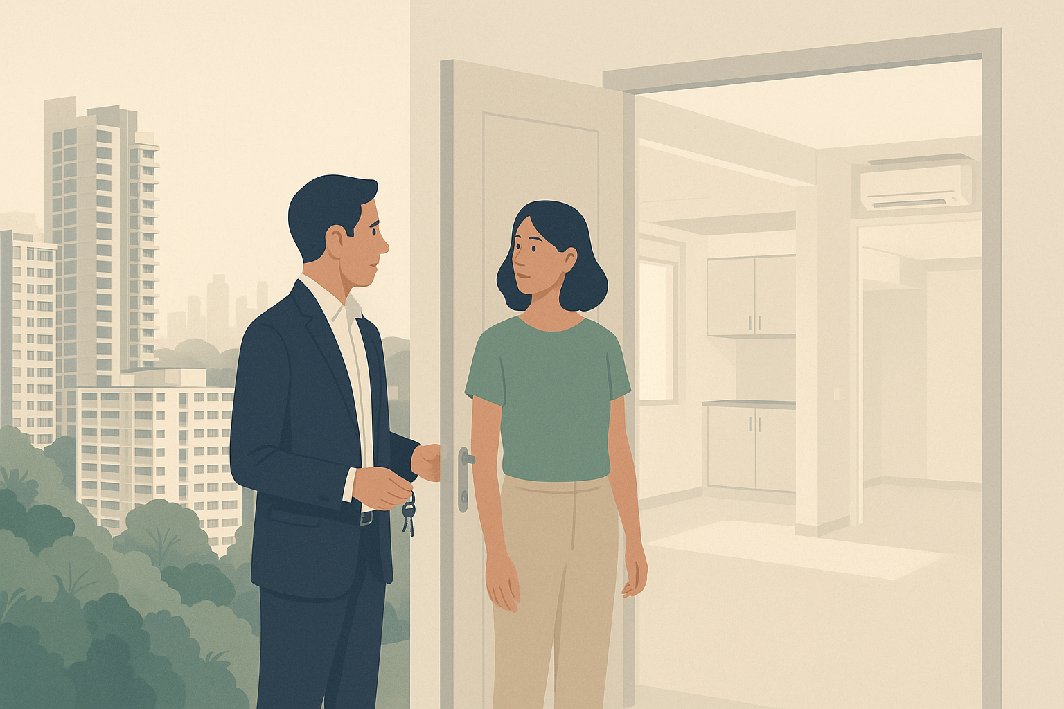 A Singapore property agent and tenant pause at the open doorway of a bright apartment during a handover, with condominium towers, HDB blocks, and tropical greenery in the background.