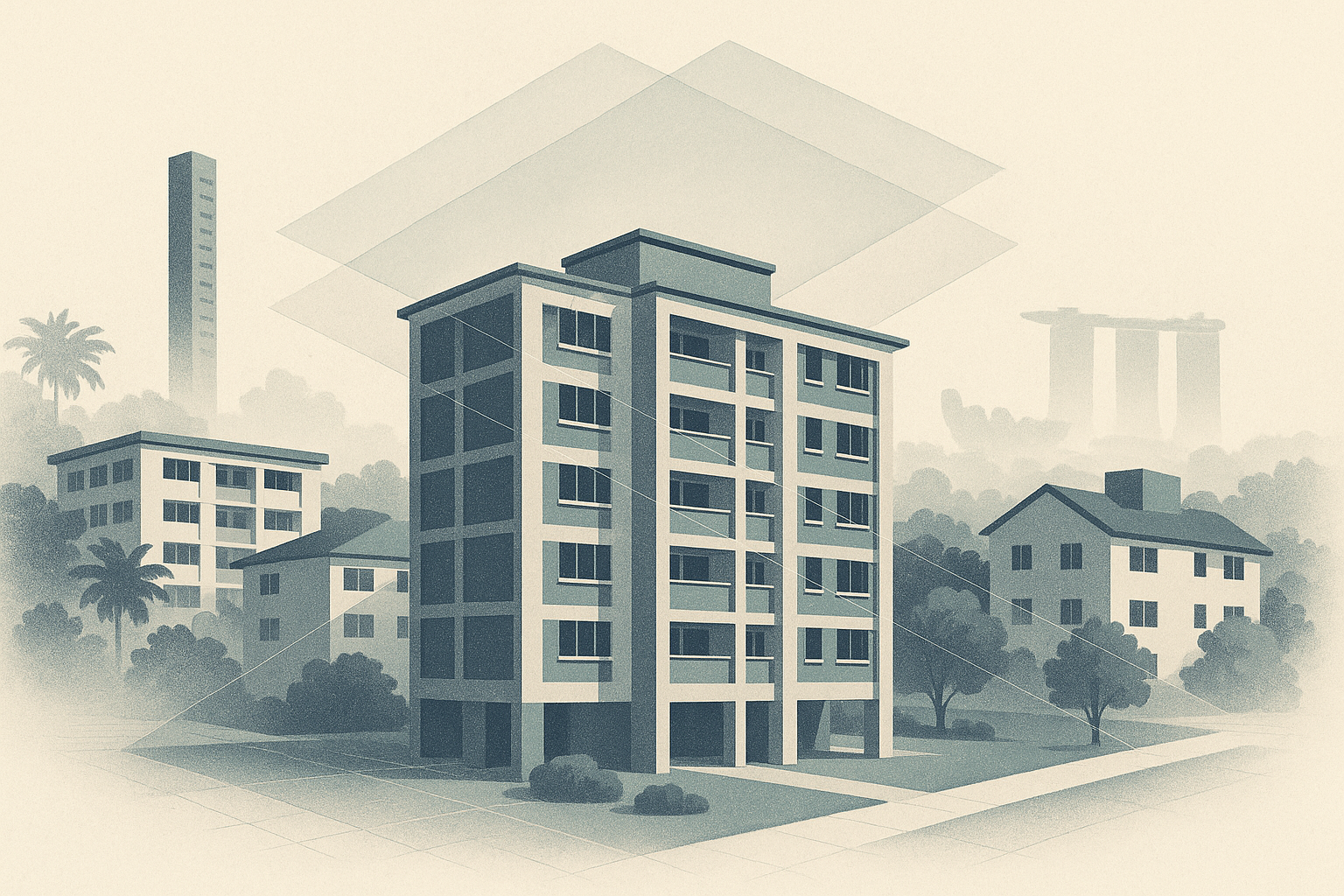 Editorial illustration of a Singapore housing estate with a central HDB block, nearby condo and HDB buildings, tropical greenery, and three subtle overlapping translucent layers converging on the main block.