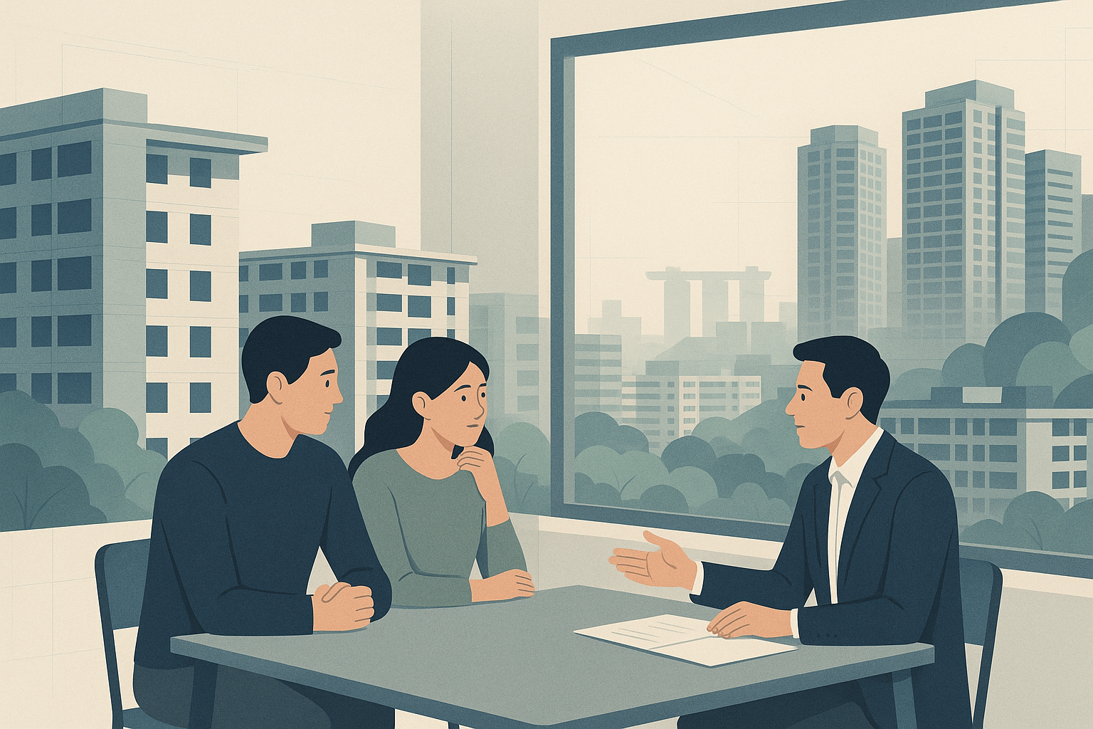 A Singapore couple and a property agent having a careful discussion in a bright interior, with HDB blocks and condominium towers visible through a large window and soft geometric details in the background.