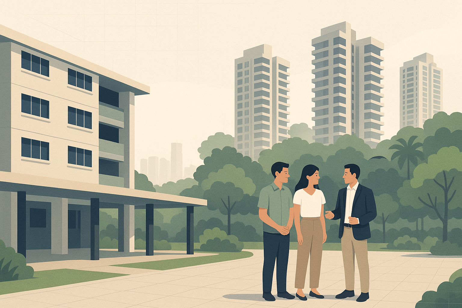 A property agent and a young couple stand in a quiet Singapore HDB estate, discussing a home purchase while looking toward nearby flats, with condominium towers, greenery, and a faint city skyline in the background.