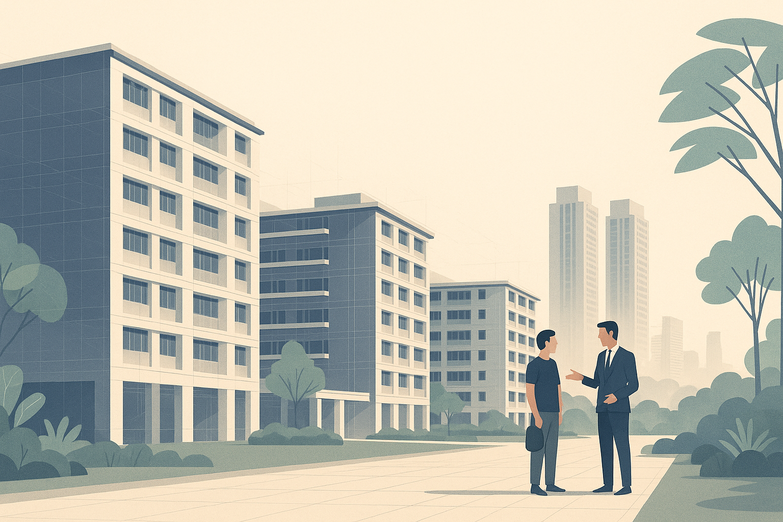 A single homebuyer speaking with a property agent along a landscaped walkway beside HDB blocks, with condominium towers and tropical greenery in a calm Singapore city backdrop.