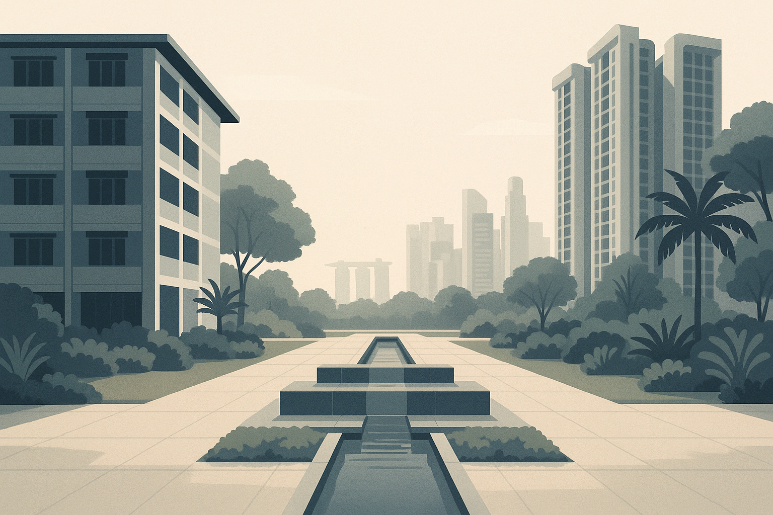 A calm Singapore residential scene with HDB blocks and condominium towers around a stepped water feature that narrows toward the foreground, with tropical greenery and a faint city skyline in the distance.