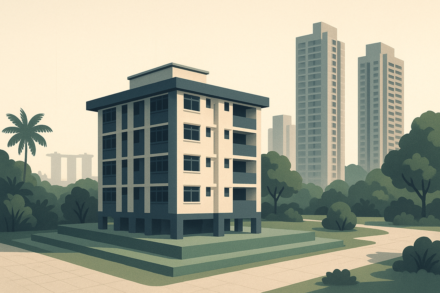 Editorial illustration of a Singapore housing estate with an HDB block in focus, condo towers behind, tropical greenery, and subtle layered foundations suggesting combined housing support.