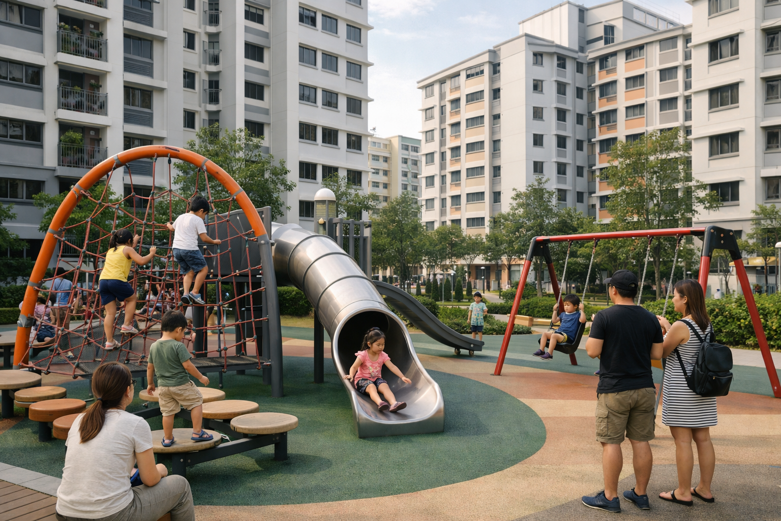 Children playing at a modern HDB estate playground in Singapore