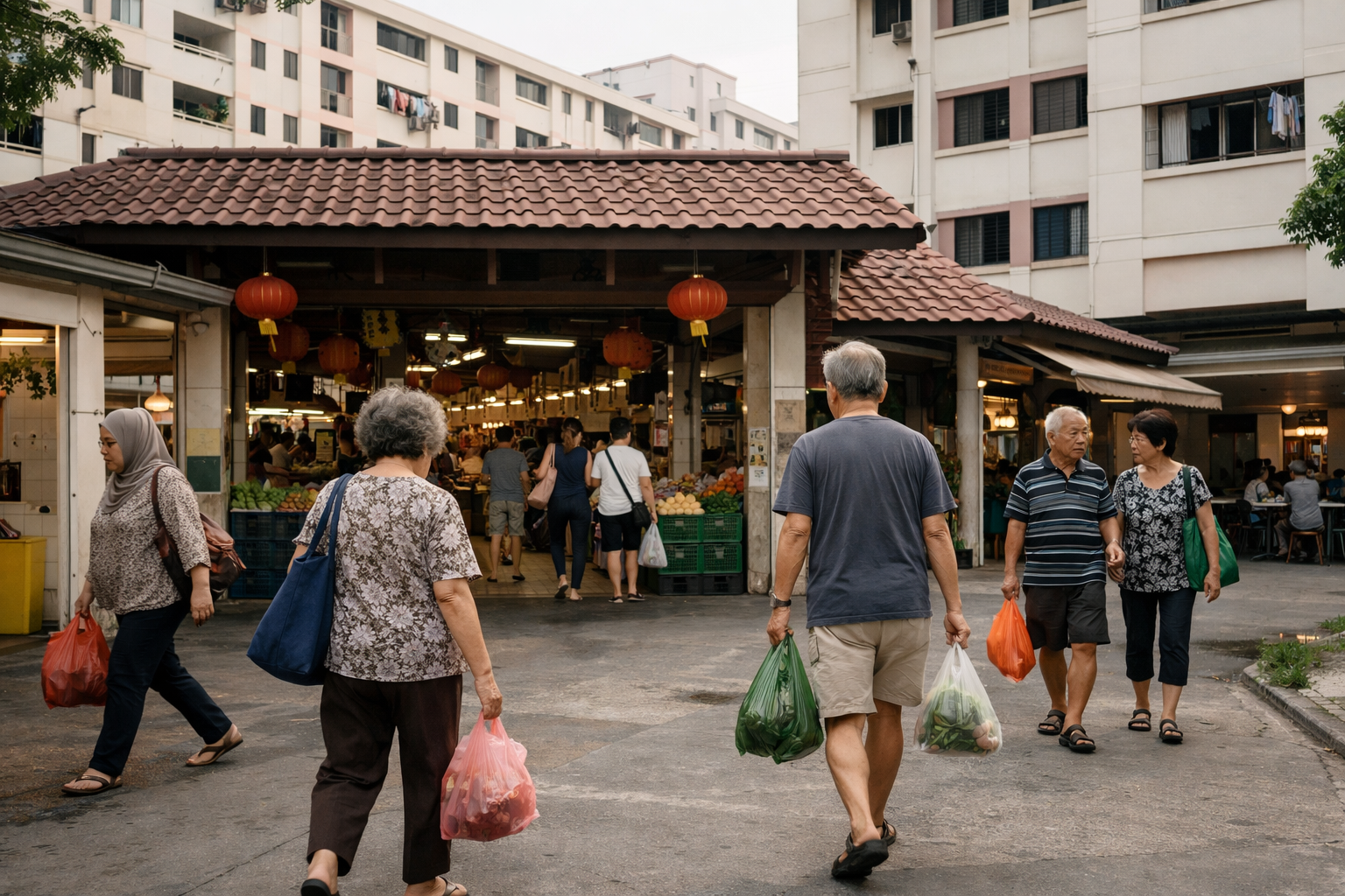 Singapore HDB neighbourhood wet market beside heartland flats