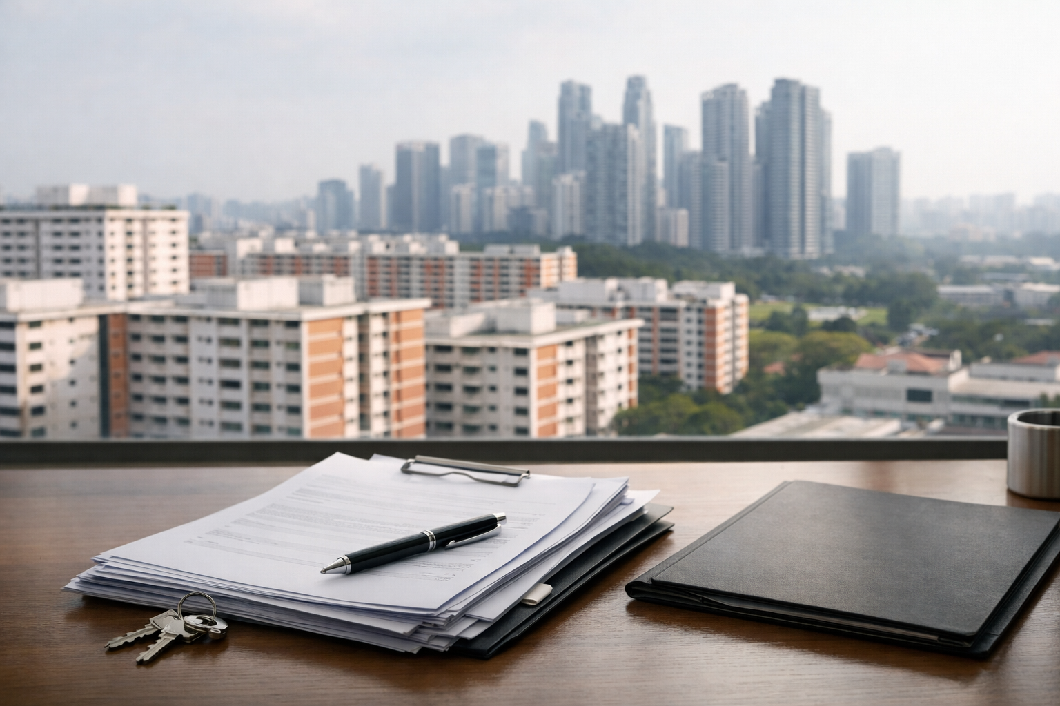 Singapore housing skyline with property documents on a desk