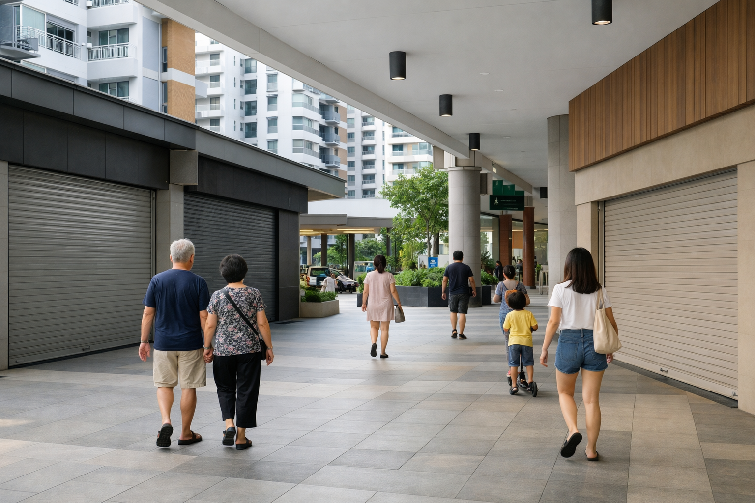Northshore Plaza in Punggol with some vacant shop units and residents passing through